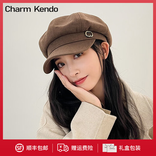 Charm Kendo beret autumn and winter versatile octagonal hat windproof big head circumference newsboy hat cold-proof warm casual men and women same style coffee color