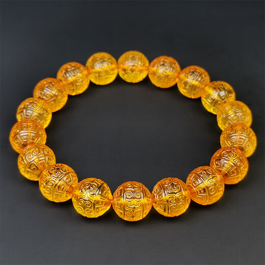 Hupai, one thing, one picture, one certificate, gold and amber bracelet, natural amber bracelet, female, engraved Buddhist beads, no cracks, bracelet, 12.02 grams, bead diameter 10.5 mm