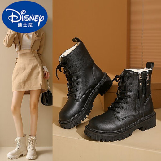Disney (DISNEY) Velvet Martin Boots Women's Short Boots 2025 Autumn and Winter New British Style Single Boots Junior High School Students, Older Children and Girls Cotton Boots Black Large Cotton 38
