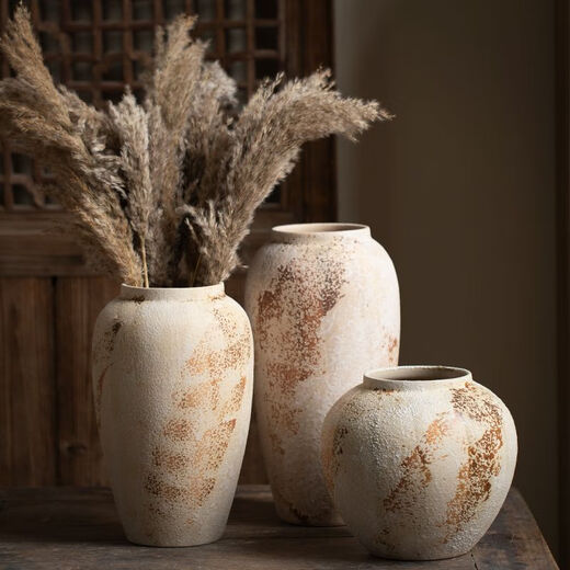 OYKTN Jingdezhen new Chinese style wabi-sabi style countertop ceramic vase mottled old rough clay pot entrance TV cabinet ornaments Canglan large size