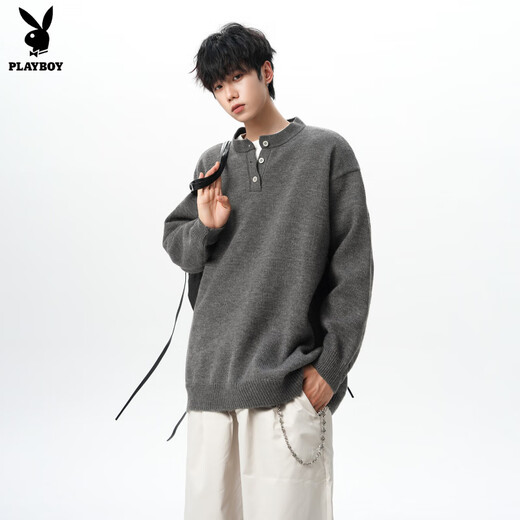 Playboy American Solid Color Henley Collar Sweater Men's Autumn and Winter New Trendy Brand High-Quality Knitwear Casual Warm Couple Jacket Light Gray XL