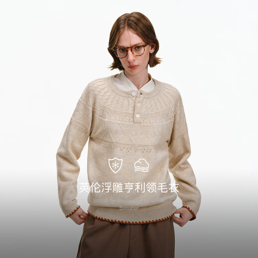 PCLP Henry collar contrast edge sweater autumn and winter new national trend Fair Isle loose versatile fashionable sweater off-white L