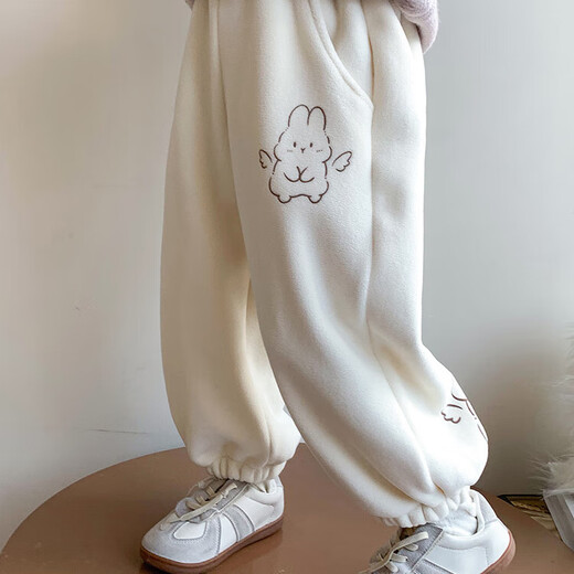 G.duck girls' fleece sweatpants autumn and winter 2025 new baby girl one-piece fleece casual pants winter children's thickened pants off-white 90 m