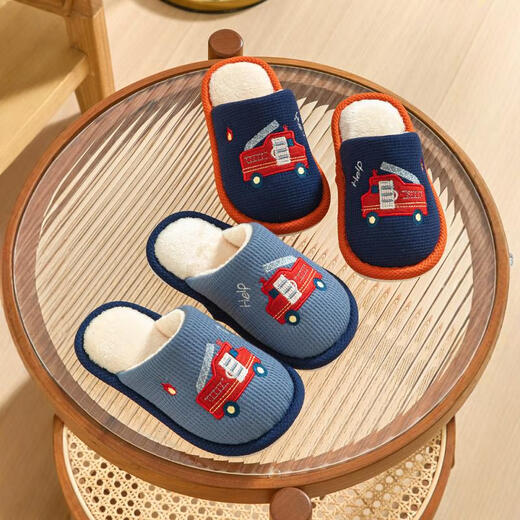 BIBK German children's cotton slippers spring and autumn boys indoor home big children cartoon car boy non-slip baby slippers blue-spring size 36-37 (suitable for 35-36 feet)