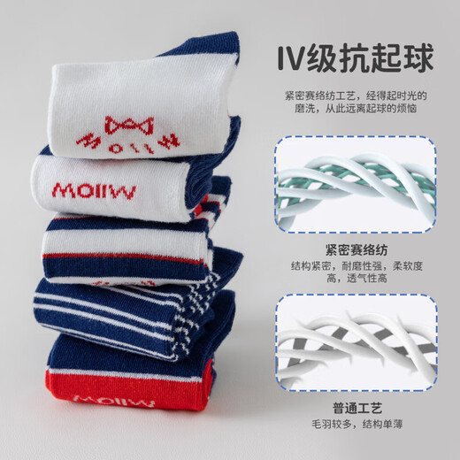 MiiOW children's socks pure cotton antibacterial Xinjiang cotton comfortable and soft striped mid-calf socks 5 pairs pack 4-6 years old
