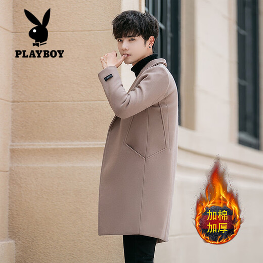 Playboy (PLAYBOY) windbreaker men's mid-length Korean style slim and handsome cotton-thick woolen coat men's woolen coat men's trend apricot cotton M