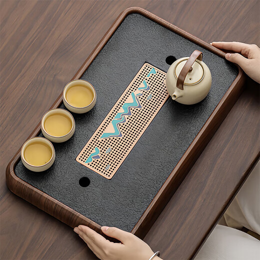Black gold stone tea tray for home living room rectangular high-end kung fu tray small dry brewing tea table water storage type wood grain Yuanshan tea tray-39*26*5cm small size