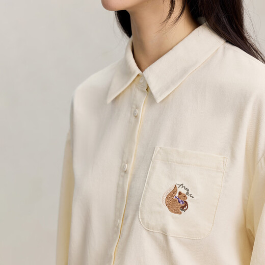 INMAN pure cotton simple commuter long-sleeved shirt for women 2025 autumn loose and versatile casual embroidered corduroy shirt beige S