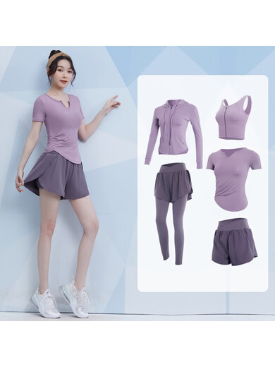 Fanstick Fanstick Yoga Wear Women's Summer New Running Training Elastic Sports Short-Sleeved Top Pilates Purple Lotus Root Five-Piece Set tc62964綶极速出账 S