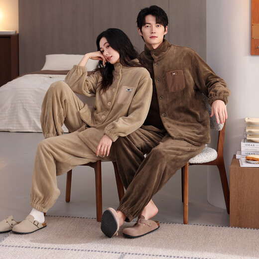 LangSha Couple Pajamas Autumn and Winter Flannel Plus Velvet Warm Wearable Anti-static High-end Men's and Women's Home Clothing Set 1507 Female L