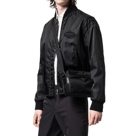 PRADA Saffiano Re-Nylon External Zipper Pocket Regenerated Nylon Leather Shoulder Bag Men's Black Gift Set (Basic Pack + Original Box + Original Tote Bag)