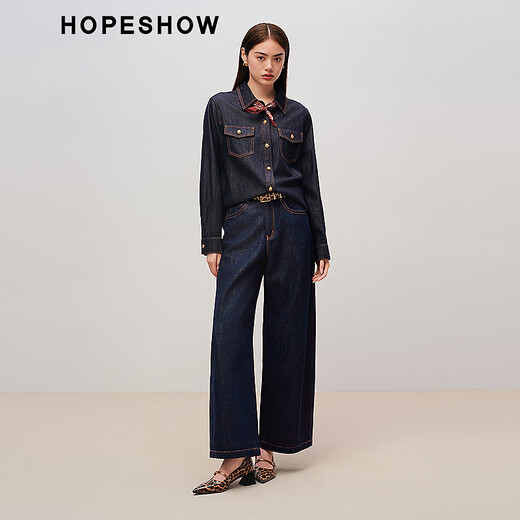 Red Sleeve (hopeshow) 2025 Autumn New Women's Clothing Retro Washed Single Breasted Right Shoulder Long Sleeve Lapel Denim Shirt Dark Denim Blue 072 M