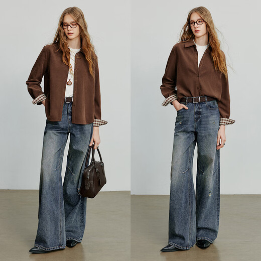 Chuyu Shirt 2025 Autumn New Style Luli Style Brushed Stitching Plaid Shirt Versatile Top Mocha Brown M