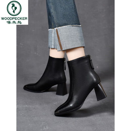 Woodpecker 2026 New Spring and Autumn Square Toe Short Boots Women's Genuine Leather High Heel Ankle Boots Autumn and Winter Thick Heel Medium Heel Leather Shoes Plus Velvet Women's Shoes Black Single Liner Heel Height 6cm 41