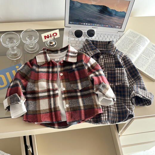 Boys' shirt long-sleeved autumn plaid shirt children's retro color block cardigan new lapel top jacket B83 CY100 100 cm