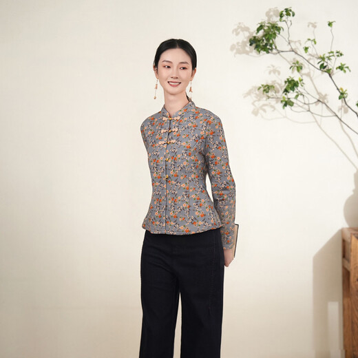 Cloth charm blue clip/glazed gourd silk cotton gourd flower button top 2025 winter new arrival printed warm blue clip M