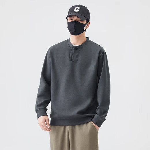 Jiebinlu high-end solid color sweatshirt for men spring and autumn 2025 new trendy loose Henry collar top men's casual bottoming shirt dark gray M recommended 100-120Jin Jin equals 0.5 kg