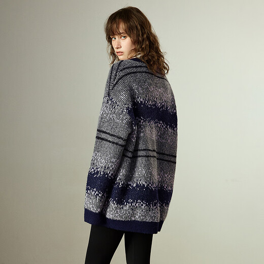 Chuyu Imitation Cow Velvet Sweater Women's 2025 Winter New Fair Isle Jacquard Loose Mid-Length Top Navy Gray M