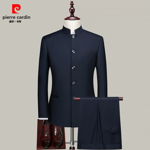 Pierre Cardin suit men's youth slim fit Chinese stand-up collar suit Chinese wedding dress banquet Tang suit Chinese style stand-up collar tunic suit pure black (single top) XL