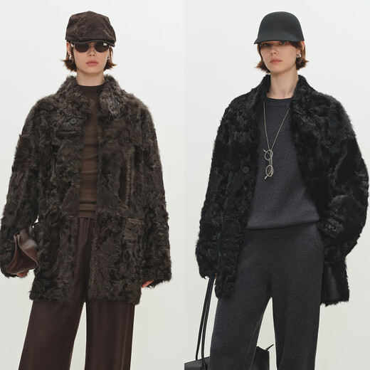 MSBEAST Miss Beast Light and Delicate Little Hu Sheep Natural Curly Hair 0 Pressure Standing Collar Medium Long Fur One-piece Fur Women Ebony Brown S