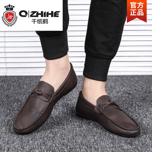 千纸鹤（Q ZHIHE）男鞋2025新款春秋豆豆鞋男潮流韩版一脚蹬懒人休闲皮鞋男士开车鞋 D826黑色 39