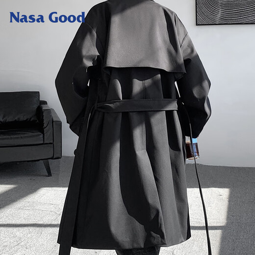 NASA GOOD mid-length windbreaker for men in autumn and winter, cold and warm, loose casual double-breasted belt jacket, black XL