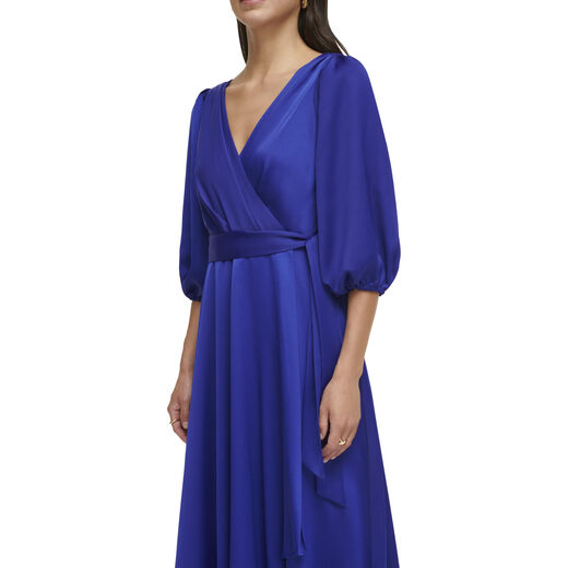 DKNY Women's Balloon Sleeve Satin Faux Wrap Maxi Dress, Berry Blue