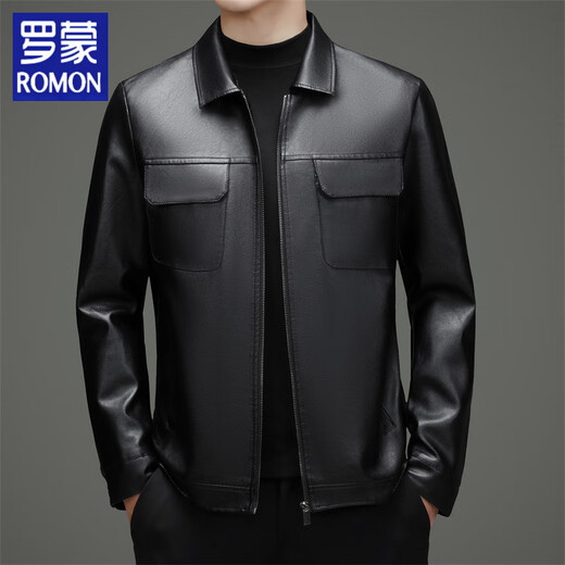 Luo Meng's new imitation leather men's leather jacket autumn and winter casual business lapel leather jacket dad tops men's black L