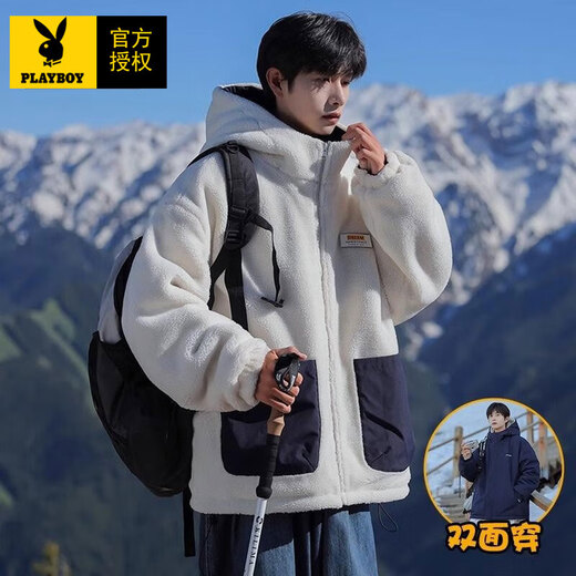 Playboy (PLAYBOY) Lamb Velvet Reversible Cotton Jacket Men's Autumn and Winter Plush Warm Outdoor Cotton Jacket Navy Blue L Recommended 125-145 Jin Jin equals 0.5 kg
