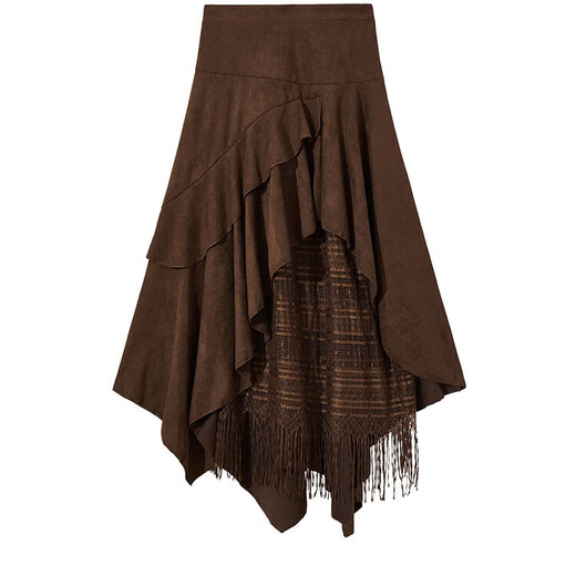CHOCOOLATE it Women's French Irregular A-Line Skirt Women's Autumn and Winter Suede Lace High Waist Slim Skirt Women Khaki M