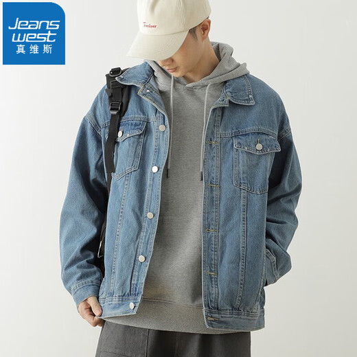 JeansWest American retro workwear blue denim jacket men's autumn and winter loose versatile spring and autumn men's jacket light blue loose version L recommended (135Jin Jin equals 0.5kg -155Jin Jin equals 0.5kg)
