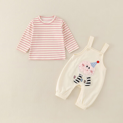 G.DUCKKIDS Little Yellow Duck Girls Suit Autumn 25 Baby Single Layer Striped Long Sleeve Overalls Infant and Toddler Split Two-piece Set Pink 73cm