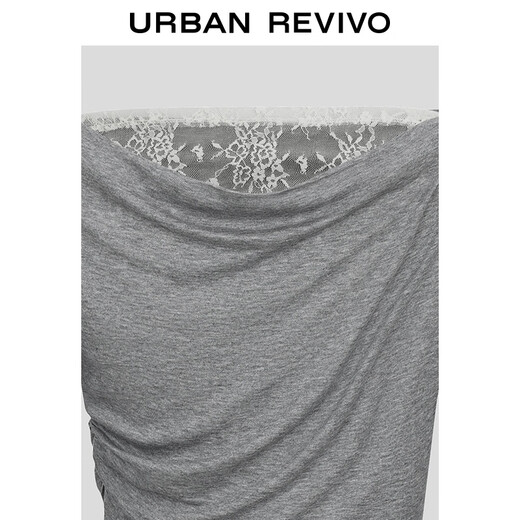 UR2026 spring new women's holiday pleated stitching lace one-shoulder long-sleeved T-shirt UWJ450159 floral gray (fabric slightly see-through) S