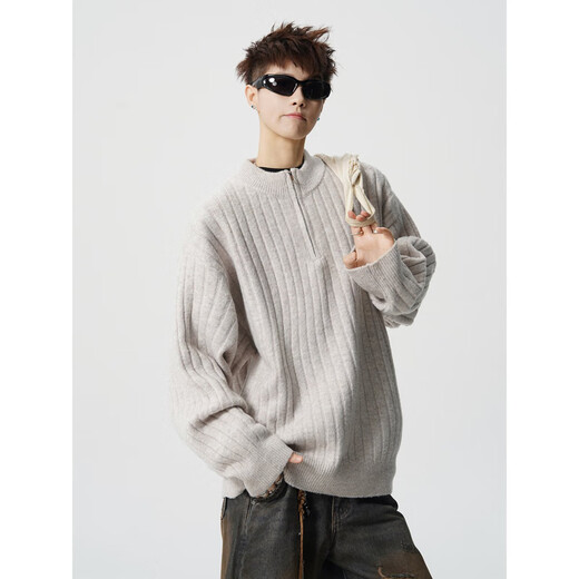 QUOU American half-zip sweater for men and women in winter loose and lazy cleanfit thickened sweater Henry collar jacket apricot 3XL