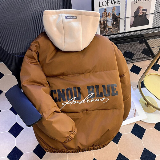 American letter cotton coat men's high street oversize trendy brand loose fake two-piece cotton jacket winter hooded cotton coat brown high quality S recommended 75-95Jin Jin equals 0.5 kg