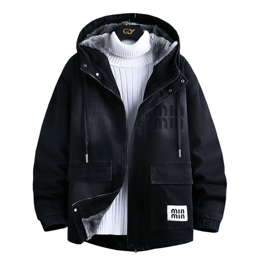Lanpinge autumn and winter velvet thickened denim jacket boy hat detachable jacket teenagers junior high school college student clothes black velvet style 9051 XL height 165-175cm115-135Jin Jin is equal to 0.5 kg