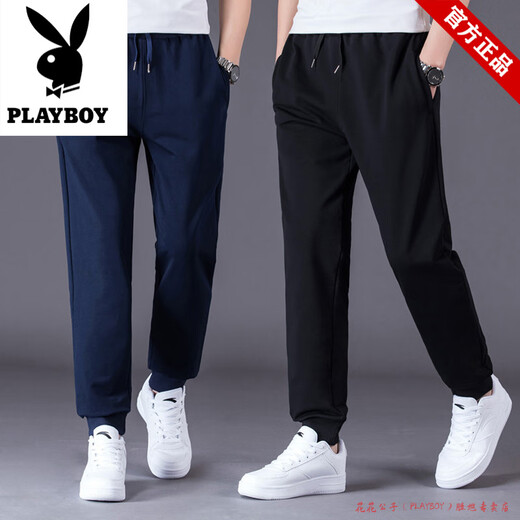 Playboy Casual Pants Men's Autumn and Winter Pants Men's Loose Sports Pants Thickened Straight Pants Plus Size Sweatpants Men's Black Velvet L (100-135)