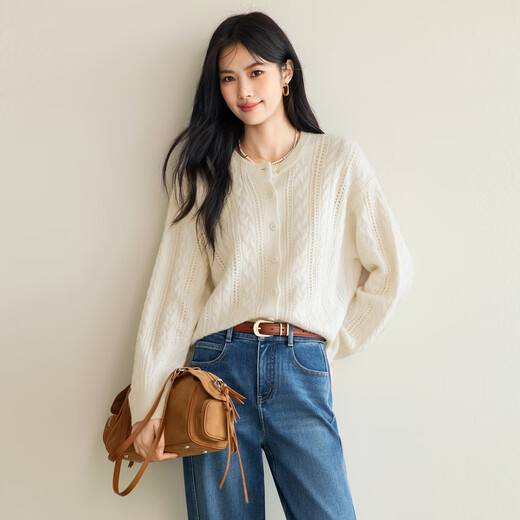 Eveli (eifini) Jiang Xin endorses Eveli fashion simple cable knitted cardigan for women 25 autumn new versatile casual commuting off-white M 105-115Jin Jin equals 0.5 kg