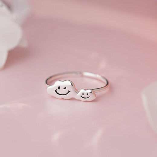 Lao Fengxiang S999 Full Silver Cloud Smiley Face Ring for Women, Versatile, Cute, Sweet and Exquisite Niche Design Ring Cloud Smiley Face Ring---Silver Opening Adjustable