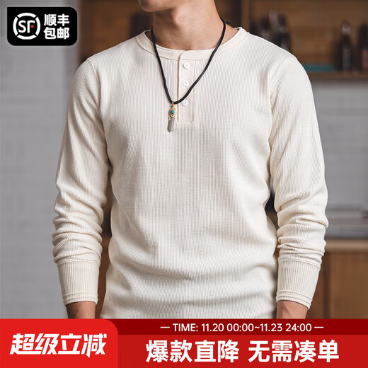 Madden workwear American retro heavyweight waffle henley shirt Ami khaki inner bottoming long-sleeved T-shirt men's autumn off-white L