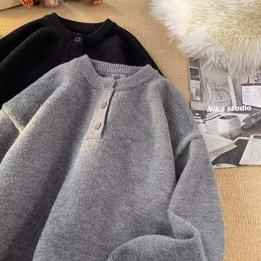 Floral gray retro Henry collar sweater for men in winter, high-end American style lazy style cleanfit inner sweater, dark gray L