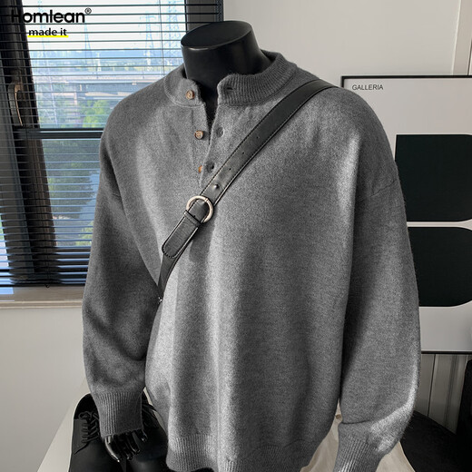 Homlean old money Henry collar knitted sweater men's advanced lazy style casual all-match top autumn HC19 dark gray 4XL