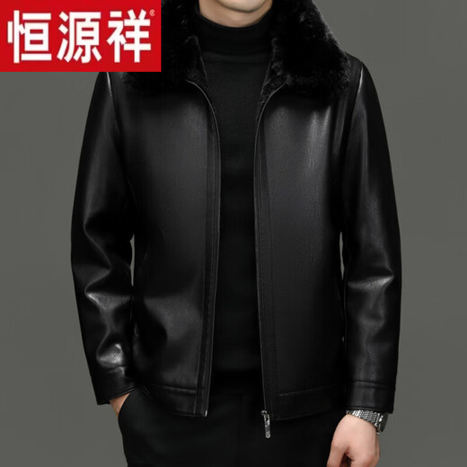 Hengyuanxiang velvet thickened simulated leather jacket for men, middle-aged and elderly dad autumn and winter coat, warm fur all-in-one leather jacket, coffee color 4XL 195