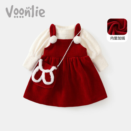 Fanlie VOONLIE girls' dress, winter dress, fashionable children's velvet princess dress, birthday baby's one-year-old dress, New Year's greeting dress