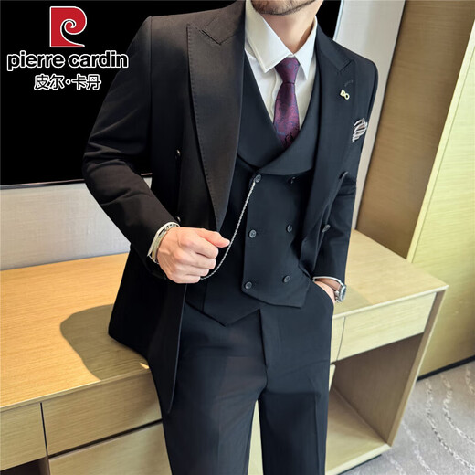 Pierre Cardin beaded lapel collar dark striped double-breasted suit men's suit business formal decoration height quality suit three-piece black (single suit) free tie XL (125-140Jin Jin equals 0.5 kg)