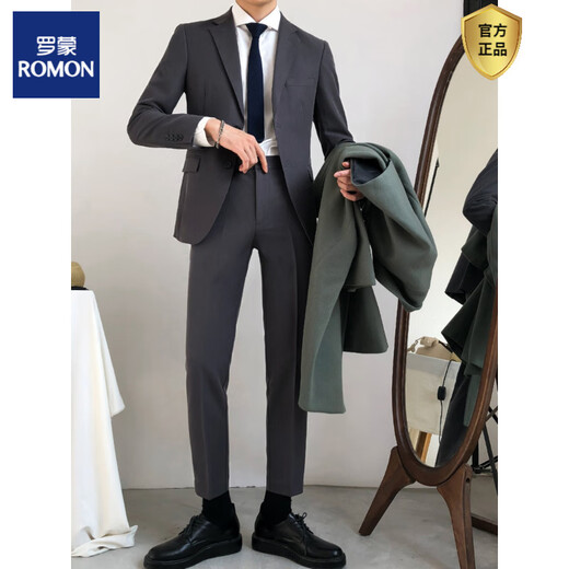 ROMON Korean style two-piece casual suit for men in autumn new handsome professional formal suit suit groomsmen dress apricot single-breasted (can change the size of top or pants alone) S (suit pants) 85-95Jin Jin is equal to 0.5 kg