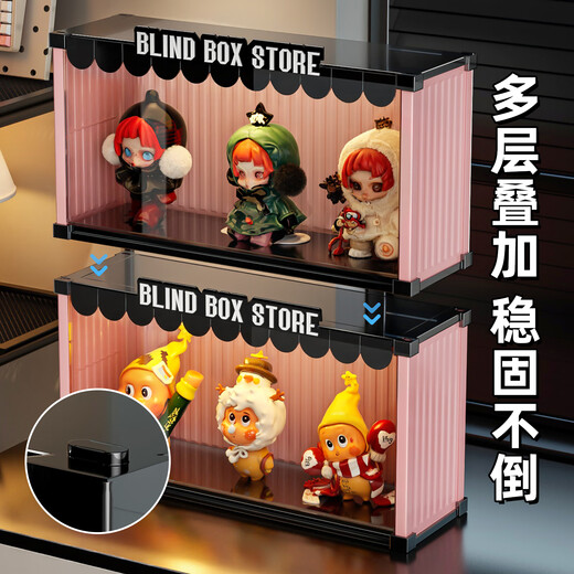 KAMAN blind box storage display stand transparent labubu figure storage box Bubble Mart star doll display cabinet box combination black pink + red and white 2 pcs