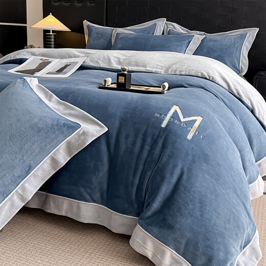 Nanjiren Jiangsu Nantong milk velvet four-piece set Class A maternal and infant grade double-sided velvet baby velvet coral velvet wide-brimmed quilt cover Maria Velvet - Bentley Blue + Star Gray Sheet Style 1.8m Four-piece Set - Quilt Cover 200x230cm