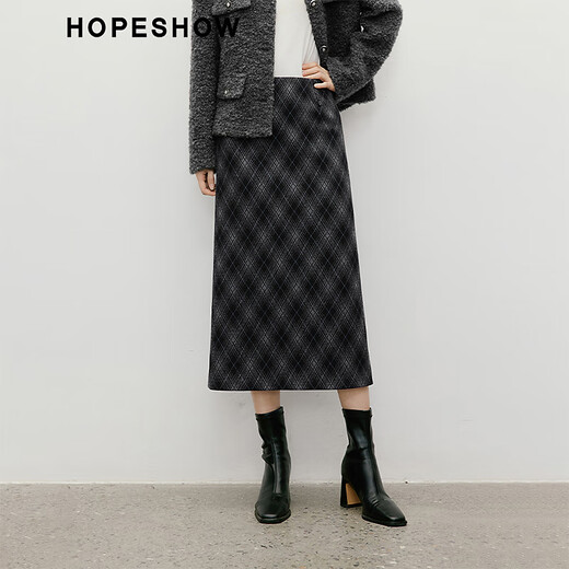 Red sleeve (hopeshow) contrasting plaid skirt 2025 winter new women's retro style versatile slimming and mature straight skirt Navy blue plaid 915 M
