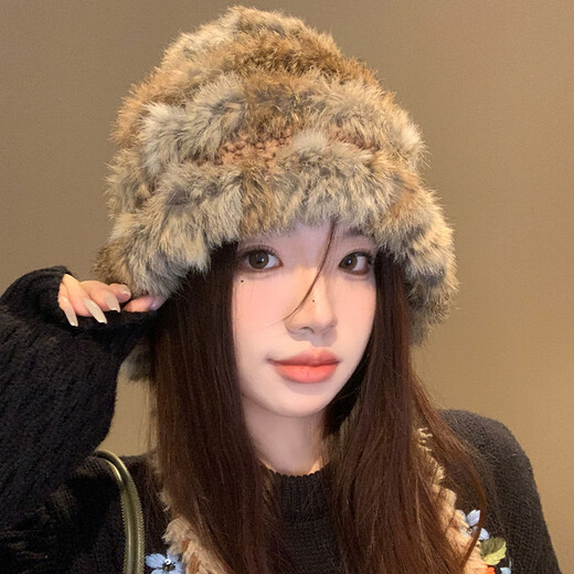 Perfect rabbit fur knitted plush hat for women in autumn and winter, big head circumference, small face, small woolen fisherman hat, cold-proof and warm fur hat, khaki color, one size fits all (Priority for delivery if added to favorites)